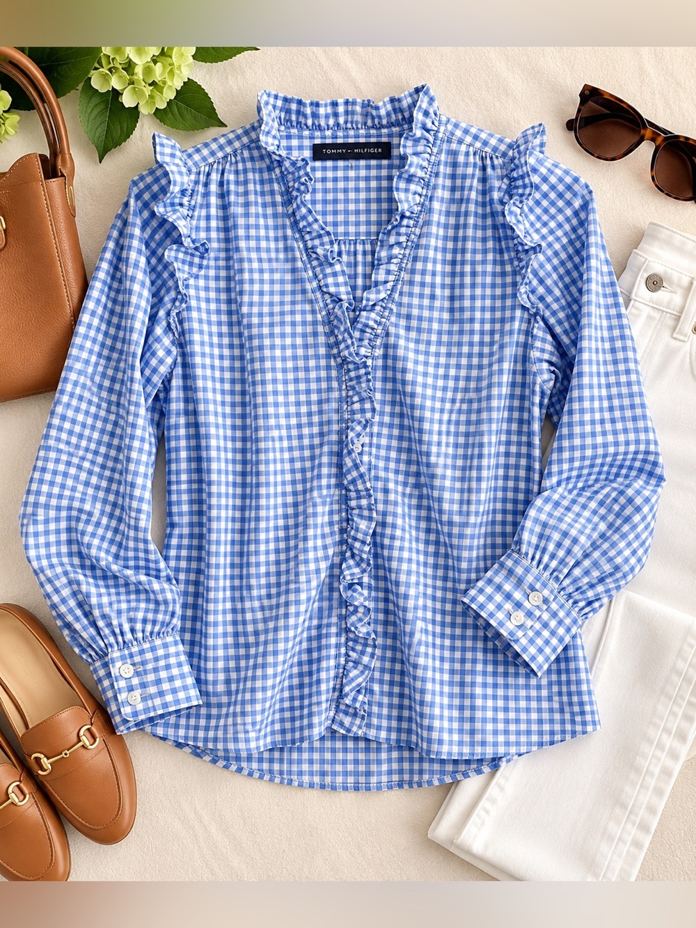 Tommy Hilfiger Blue & White Gingham Ruffle Blouse